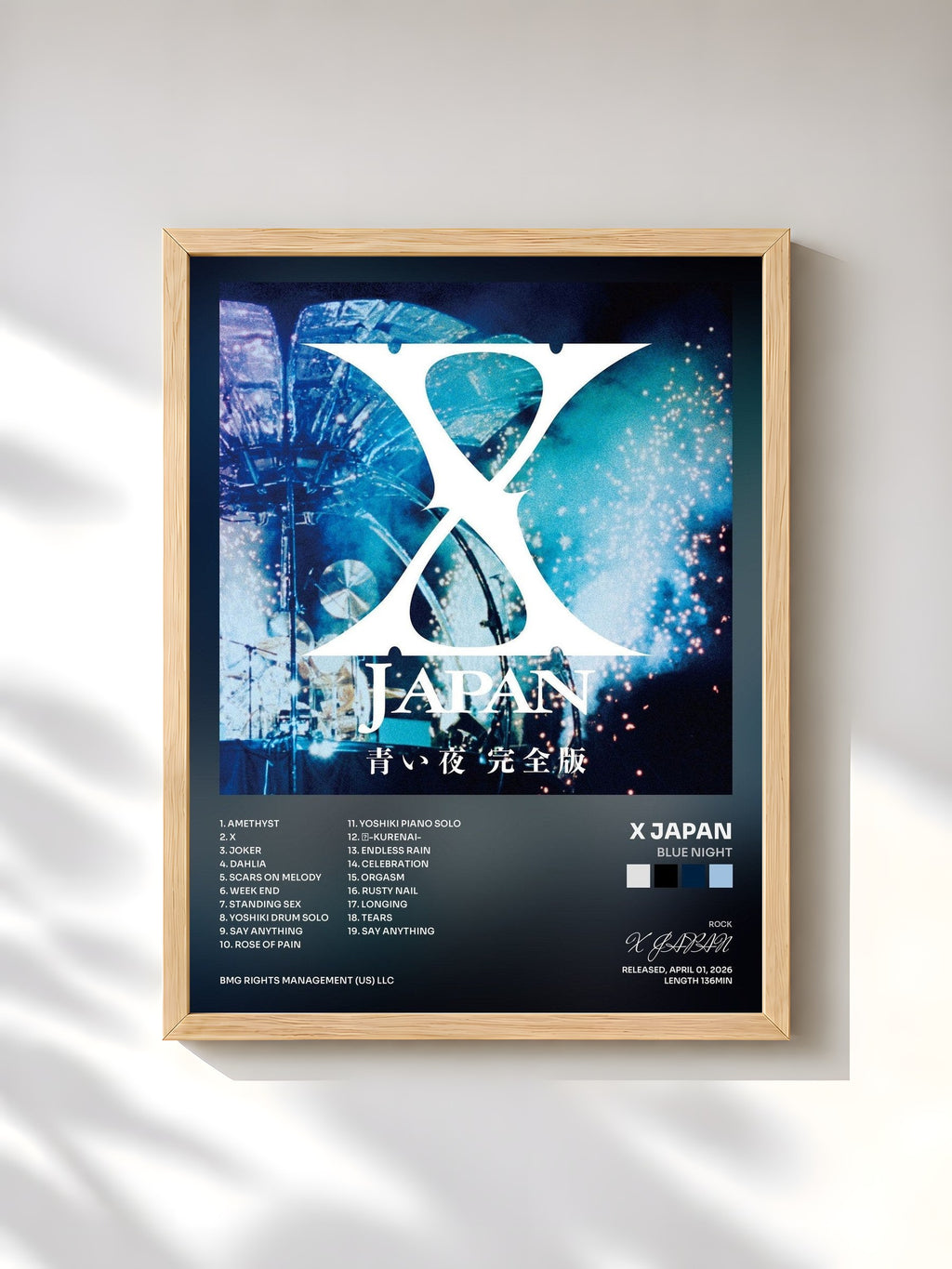 #bois Tableau de l'album Blue Night de X JAPAN, cadre en bois brut, imprimé et encadré en France