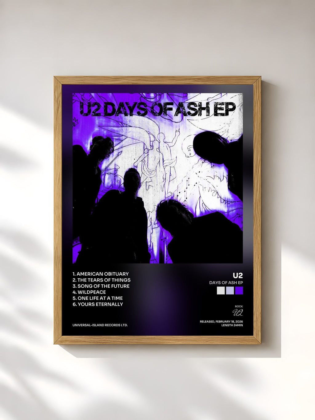#bois Tableau de l'album Days Of Ash EP de U2, cadre en bois brut, imprimé et encadré en France
