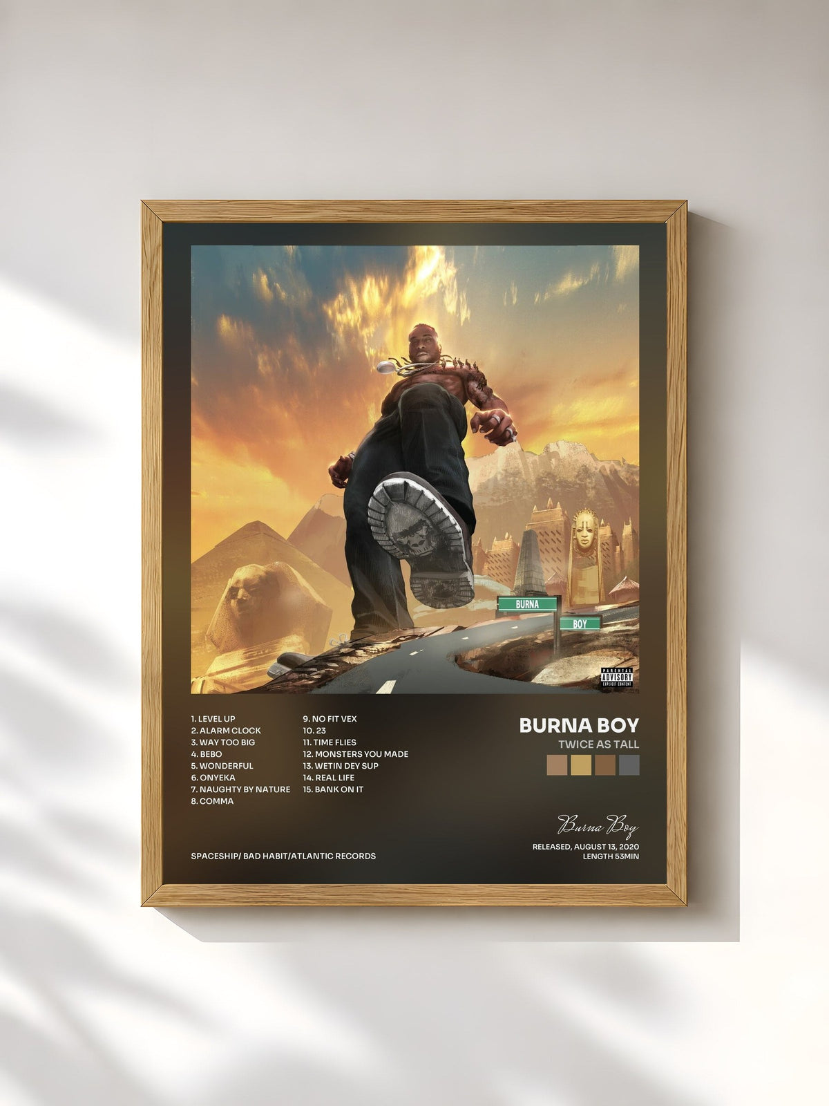 #bois Tableau de l'album Twice As Tall de Burna Boy, cadre en bois brut, imprimé et encadré en France