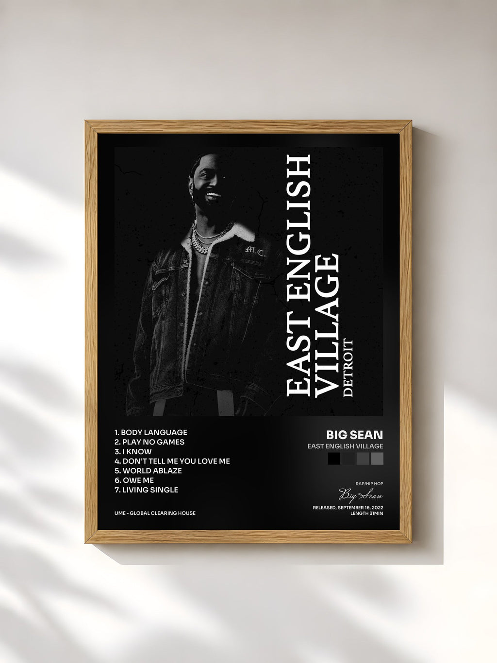 #bois Tableau de l'album East English Village de Big Sean, cadre en bois brut, imprimé et encadré en France