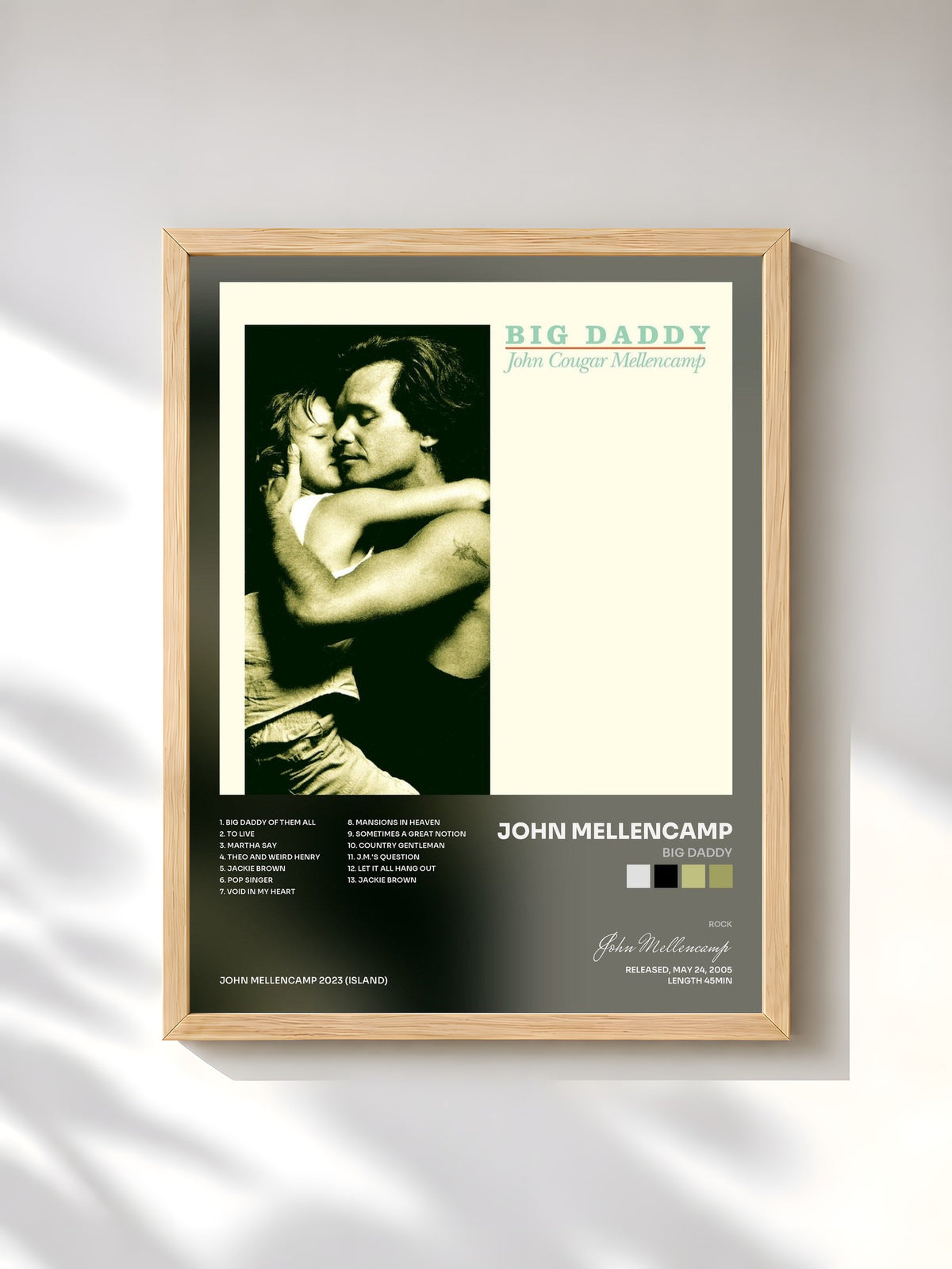 #bois Tableau de l'album Big Daddy de John Mellencamp, cadre en bois brut, imprimé et encadré en France
