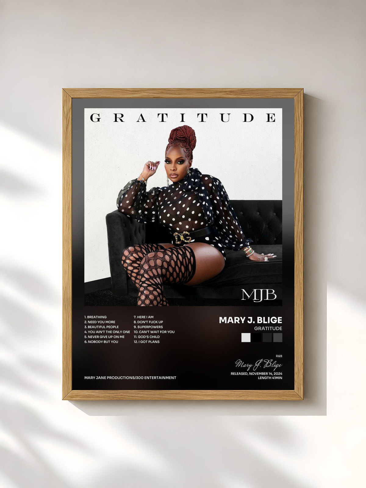 #bois Tableau de l'album Gratitude de Mary J. Blige, cadre en bois brut, imprimé et encadré en France