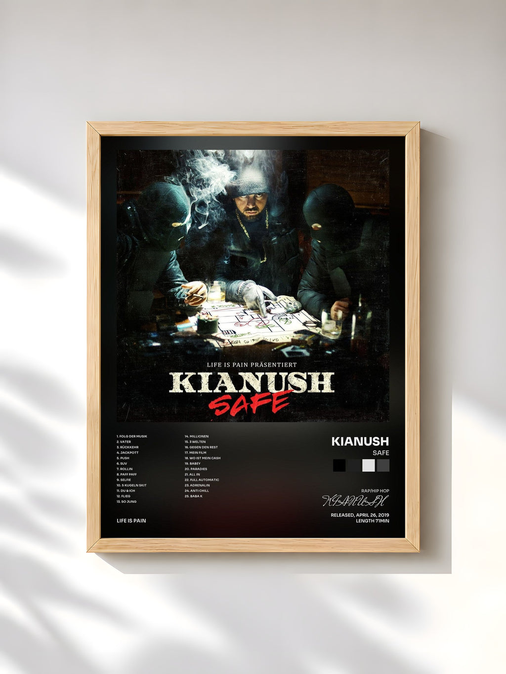 #bois Tableau de l'album Safe de KIANUSH, cadre en bois brut, imprimé et encadré en France