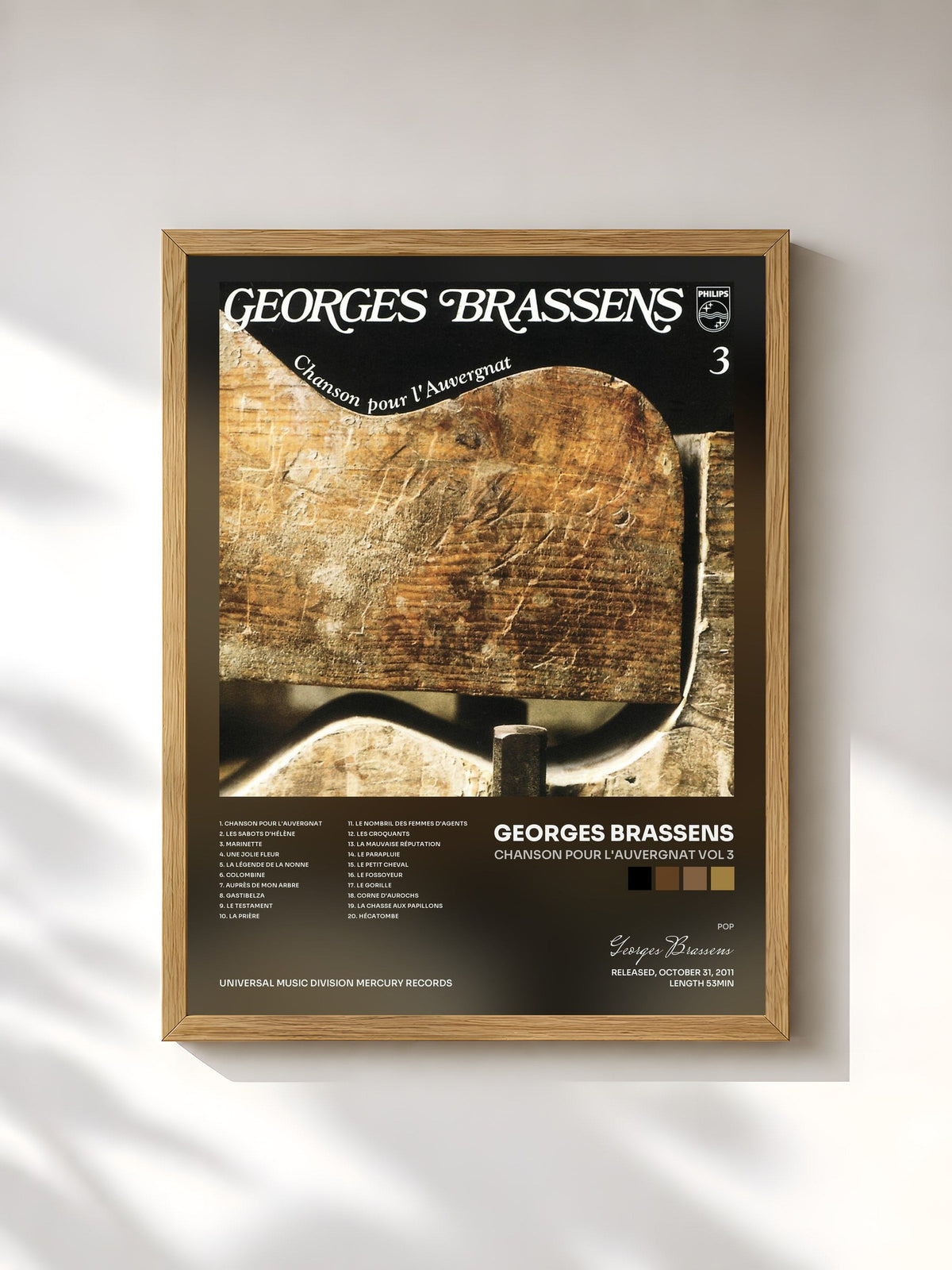 #bois Tableau de l'album Chanson Pour L'Auvergnat Vol 3 de Georges Brassens, cadre en bois brut, imprimé et encadré en France