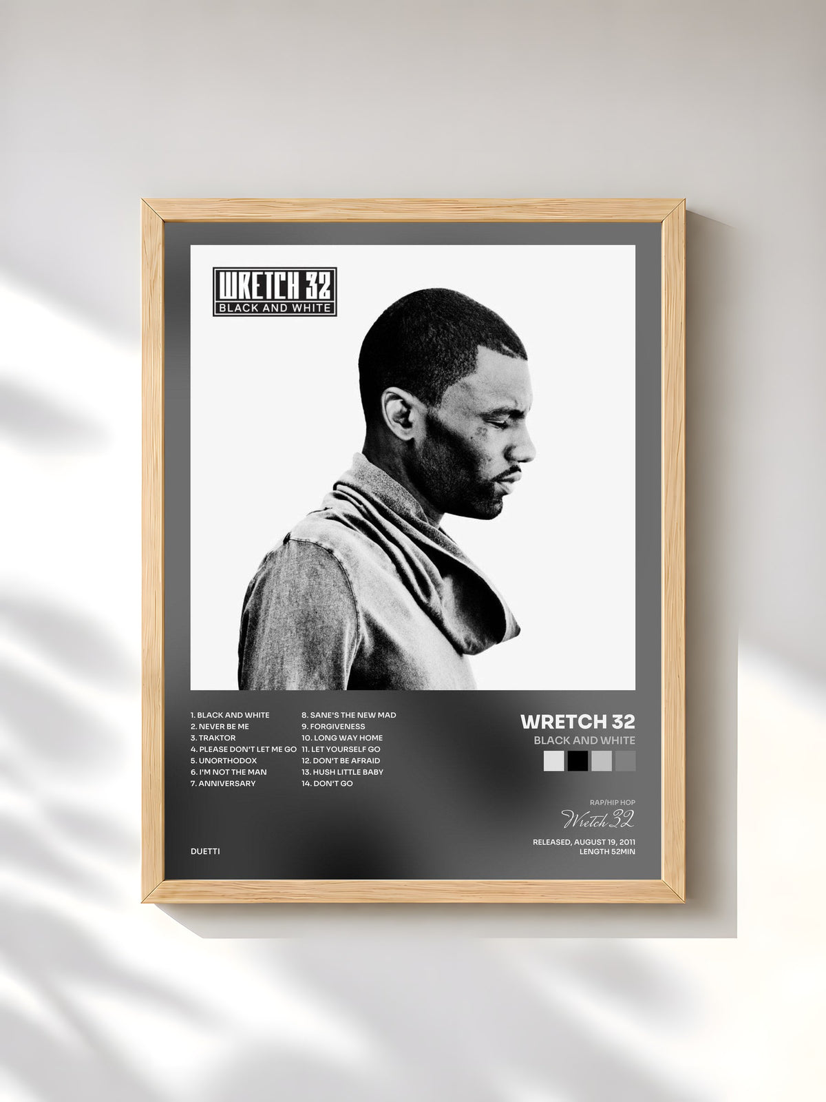 #bois Tableau de l'album Black and White de Wretch 32, cadre en bois brut, imprimé et encadré en France
