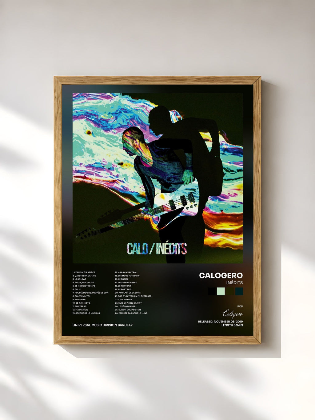 #bois Tableau de l'album Inédits de Calogero, cadre en bois brut, imprimé et encadré en France