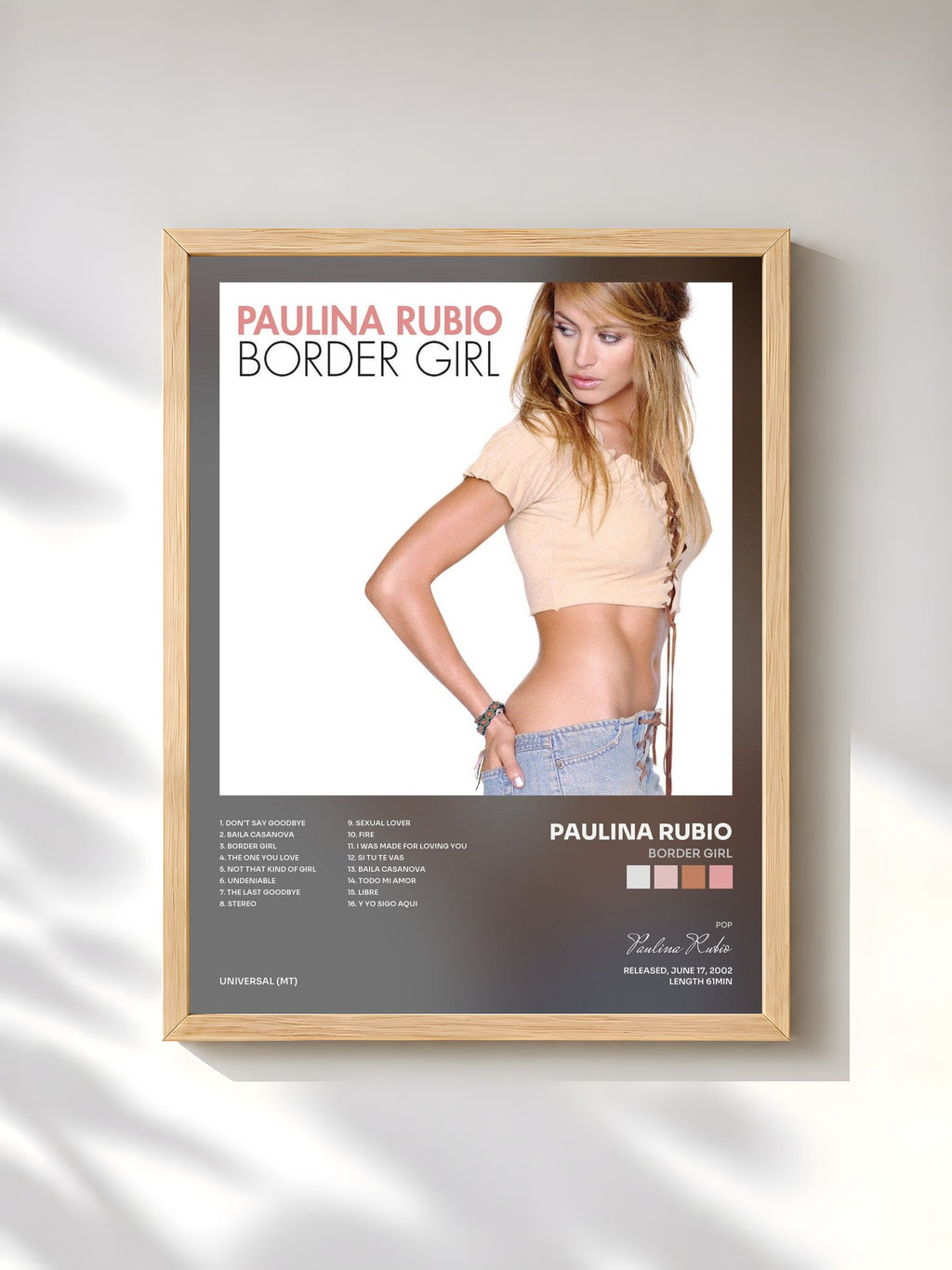 #bois Tableau de l'album Border Girl de Paulina Rubio, cadre en bois brut, imprimé et encadré en France
