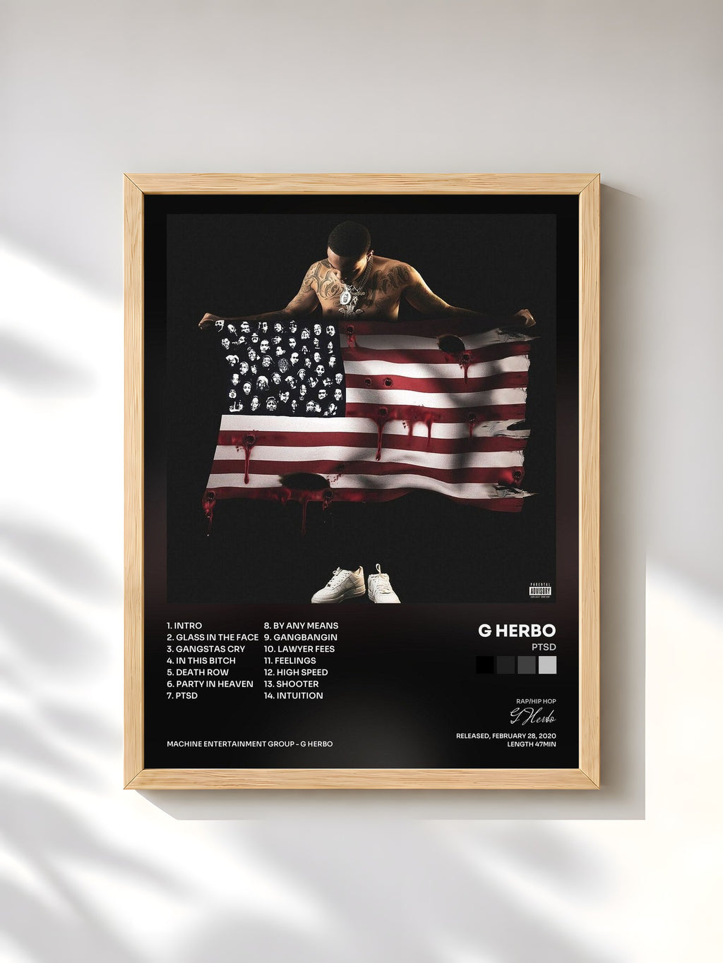 #bois Tableau de l'album PTSD de G Herbo, cadre en bois brut, imprimé et encadré en France