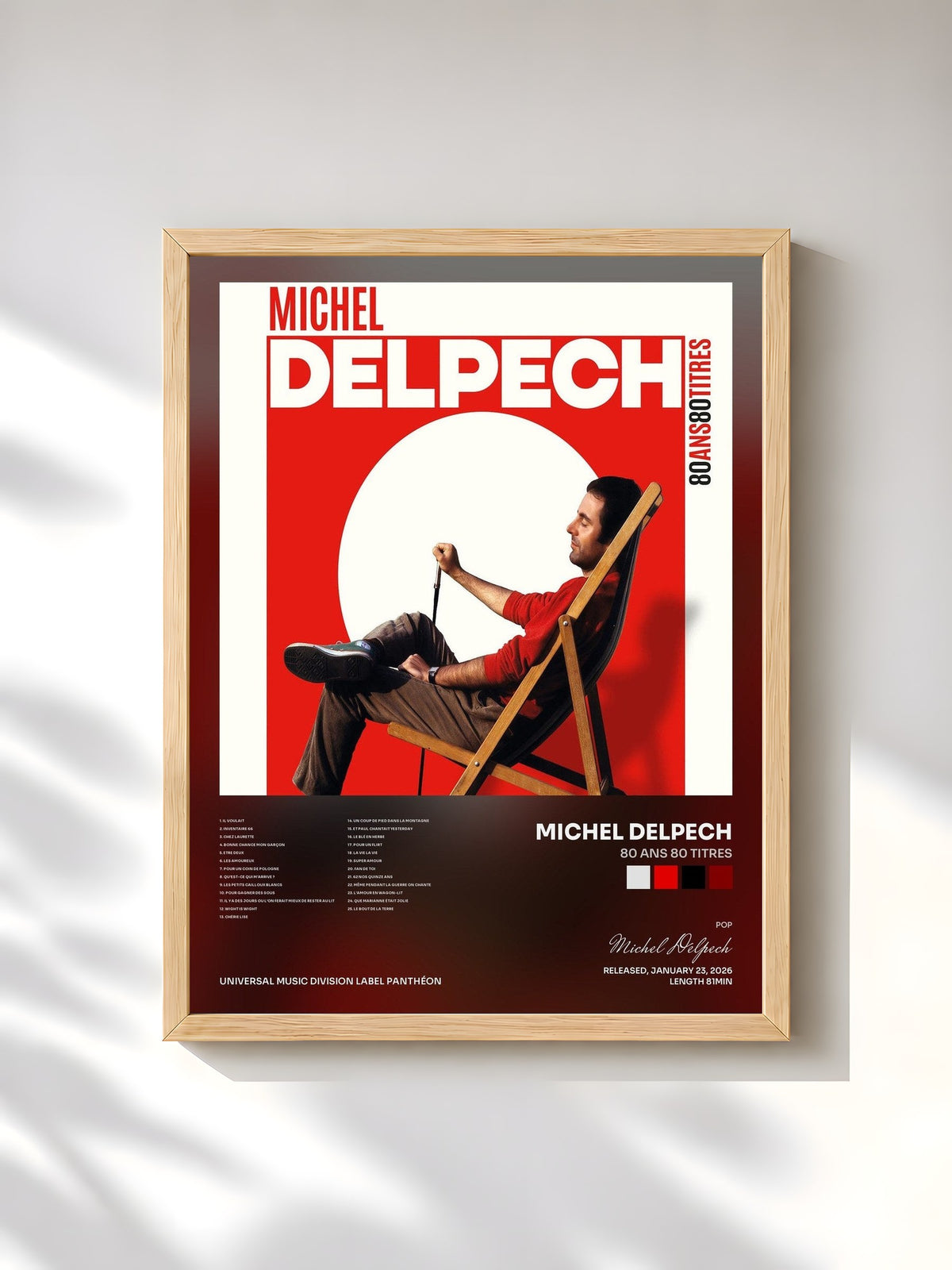 #bois Tableau de l'album 80 ans 80 titres de Michel Delpech, cadre en bois brut, imprimé et encadré en France