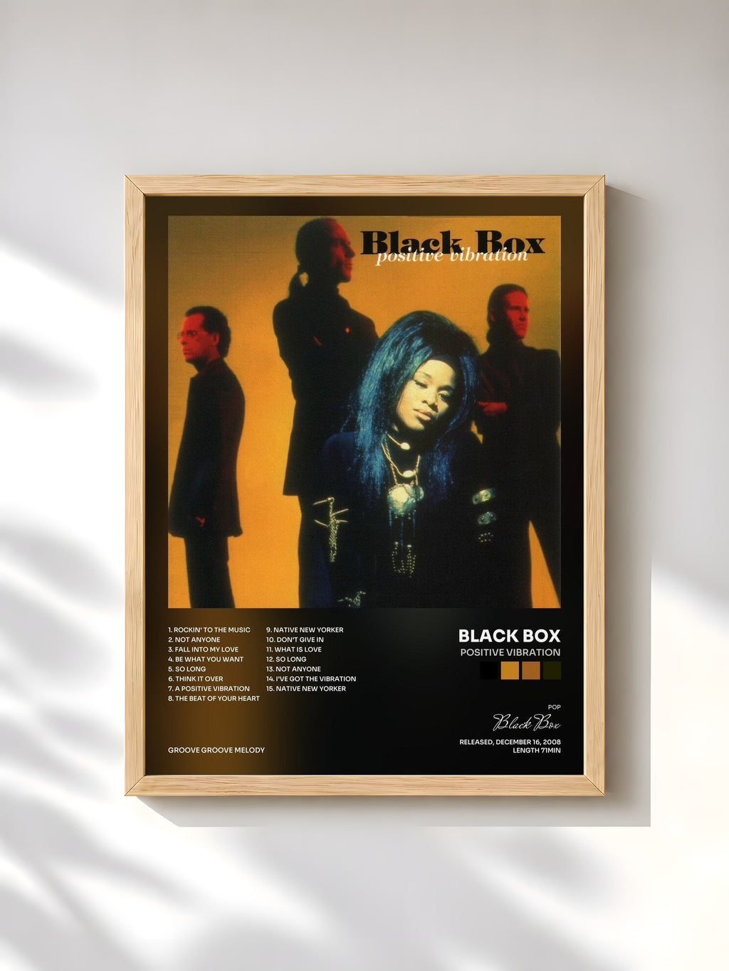 #bois Tableau de l'album Positive Vibration de Black Box, cadre en bois brut, imprimé et encadré en France
