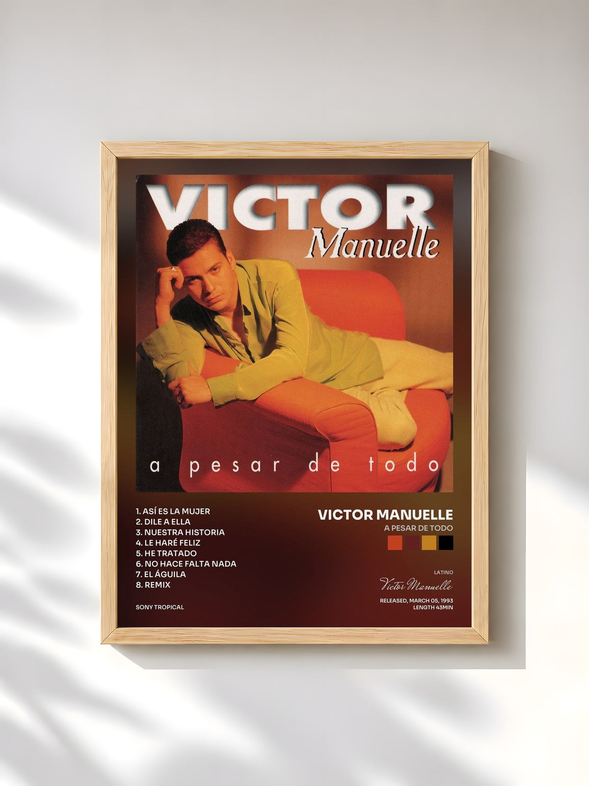 #bois Tableau de l'album A Pesar De Todo de Victor Manuelle, cadre en bois brut, imprimé et encadré en France