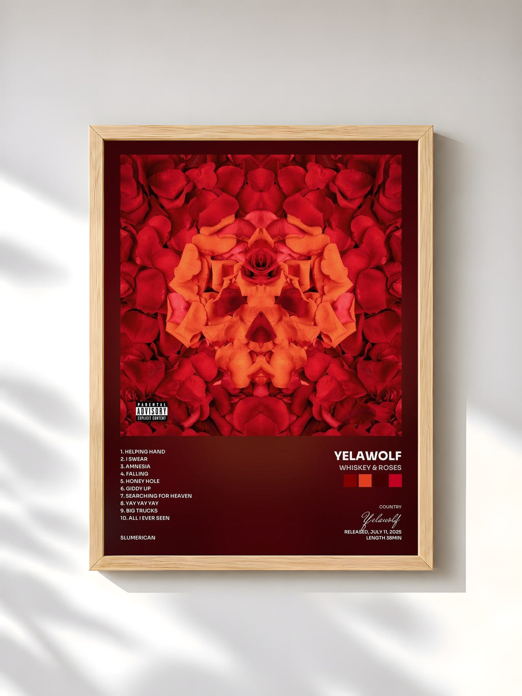 #bois Tableau de l'album Whiskey & Roses de Yelawolf, cadre en bois brut, imprimé et encadré en France