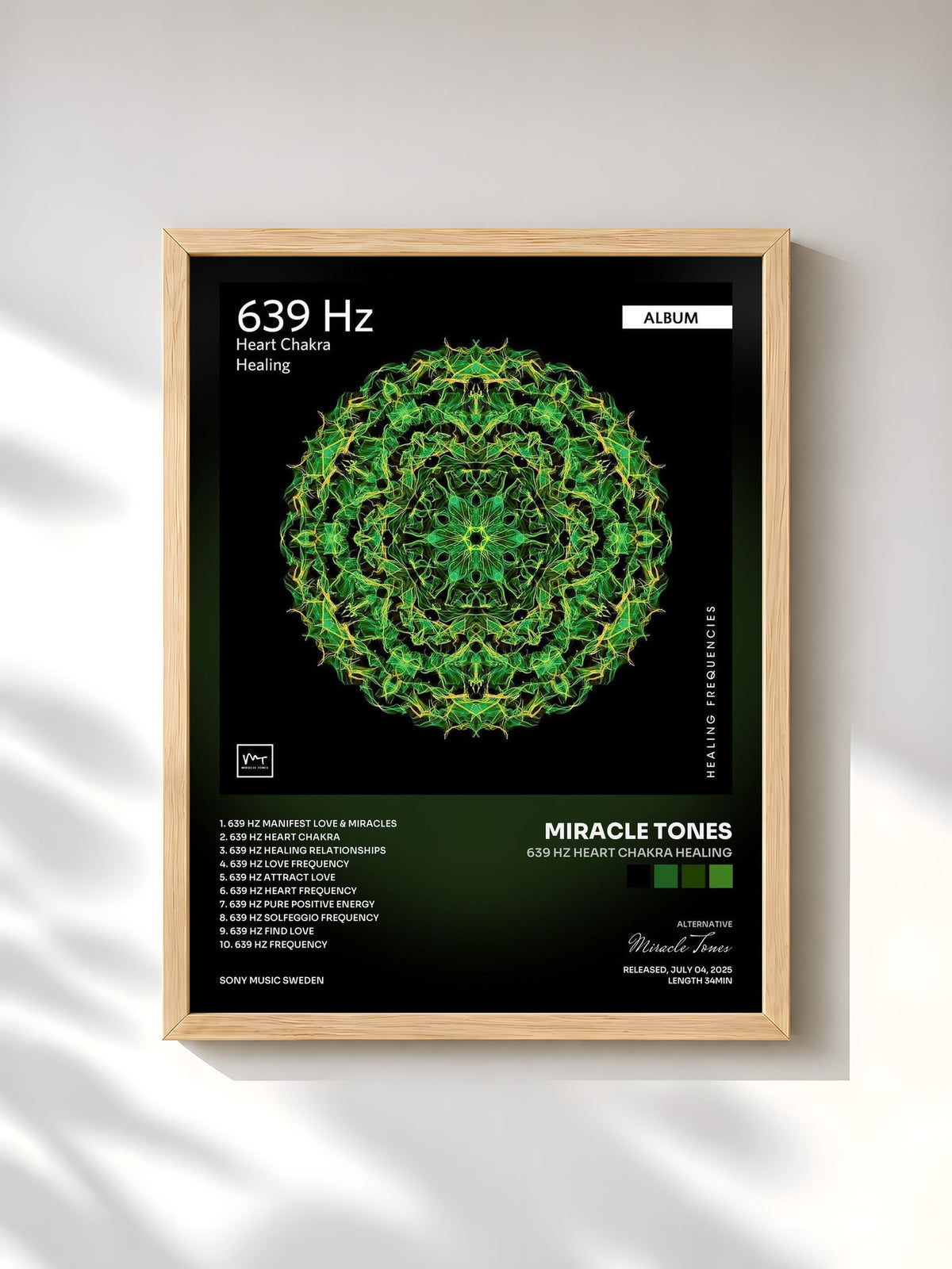 #bois Tableau de l'album 639 Hz Heart Chakra Healing de Miracle Tones, cadre en bois brut, imprimé et encadré en France