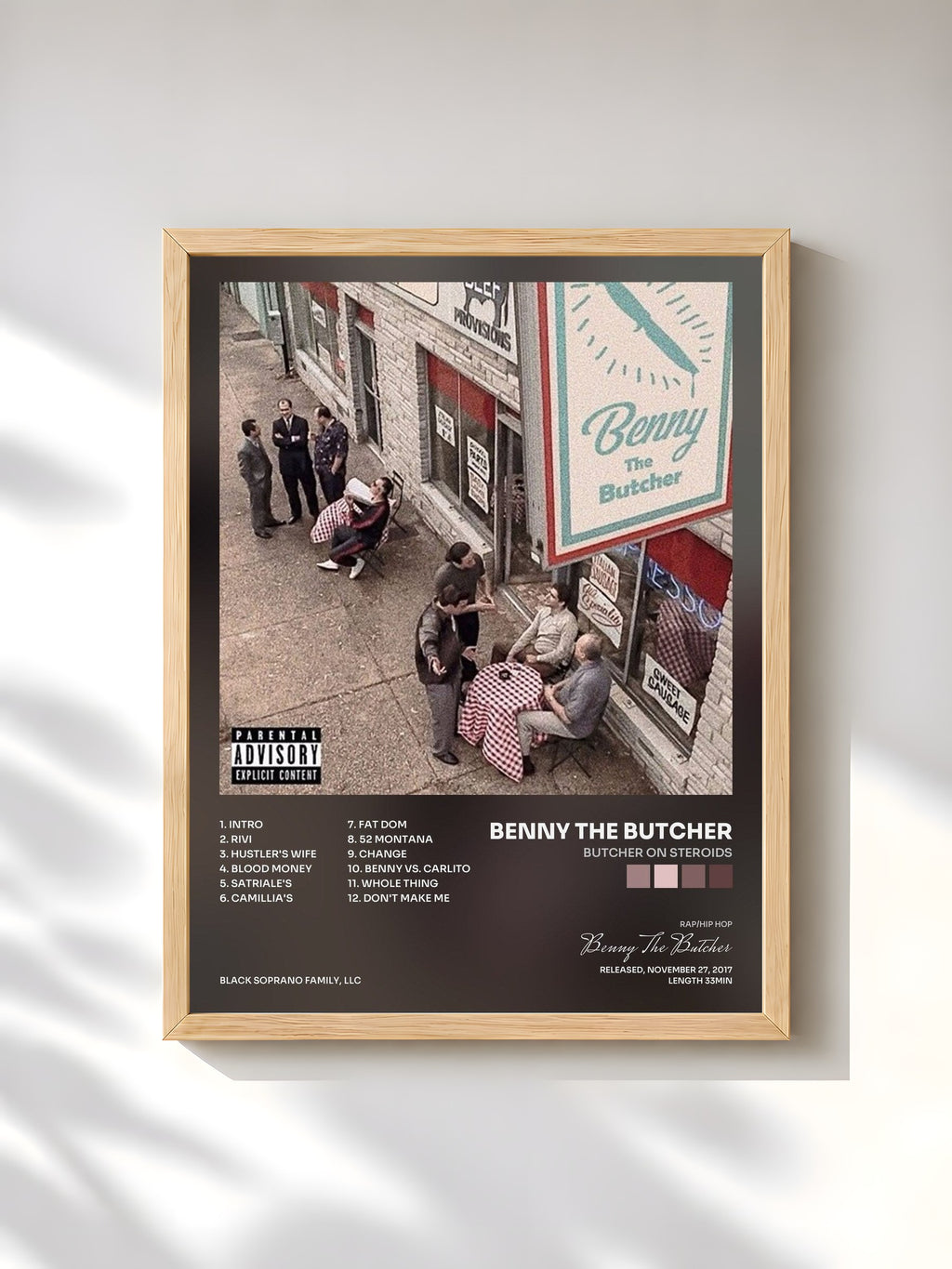 #bois Tableau de l'album Butcher on Steroids de Benny The Butcher, cadre en bois brut, imprimé et encadré en France