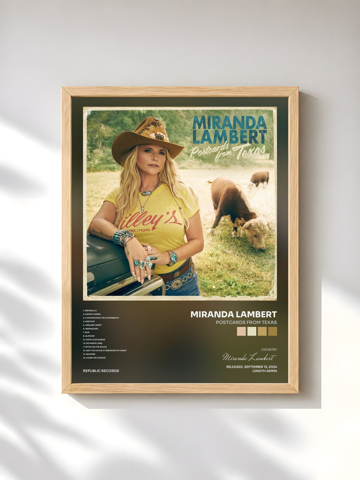 #bois Tableau de l'album Postcards From Texas de Miranda Lambert, cadre en bois brut, imprimé et encadré en France