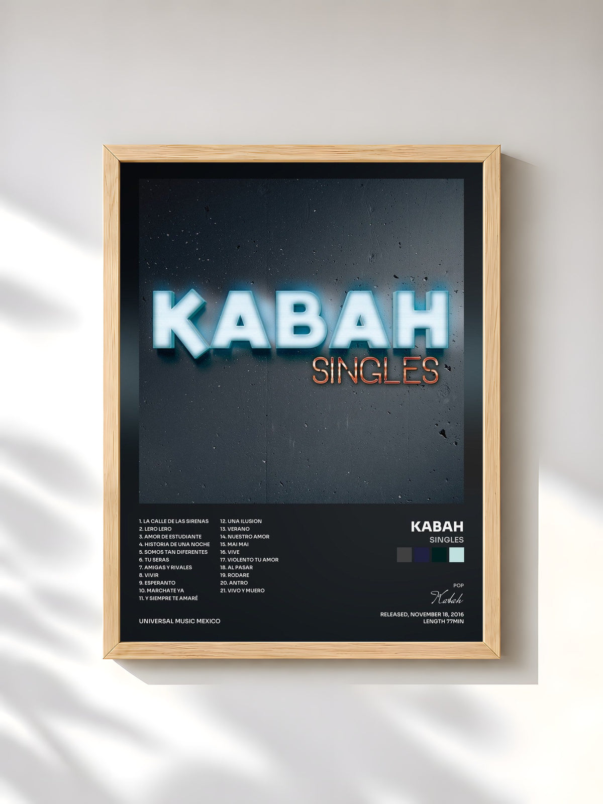 #bois Tableau de l'album Singles de Kabah, cadre en bois brut, imprimé et encadré en France