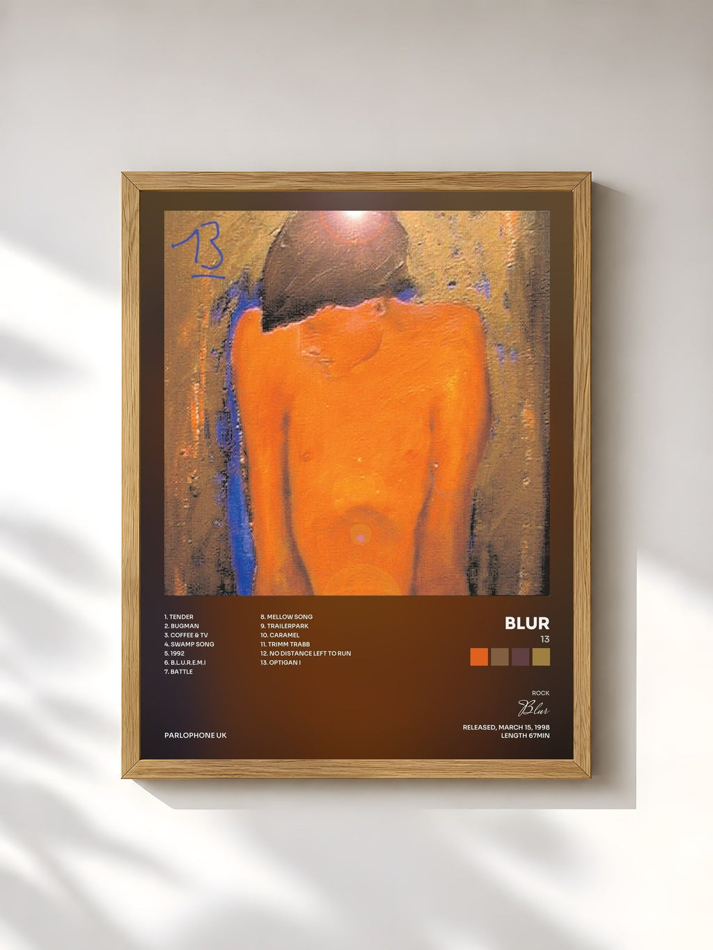 #bois Tableau de l'album 13 de Blur, cadre en bois brut, imprimé et encadré en France