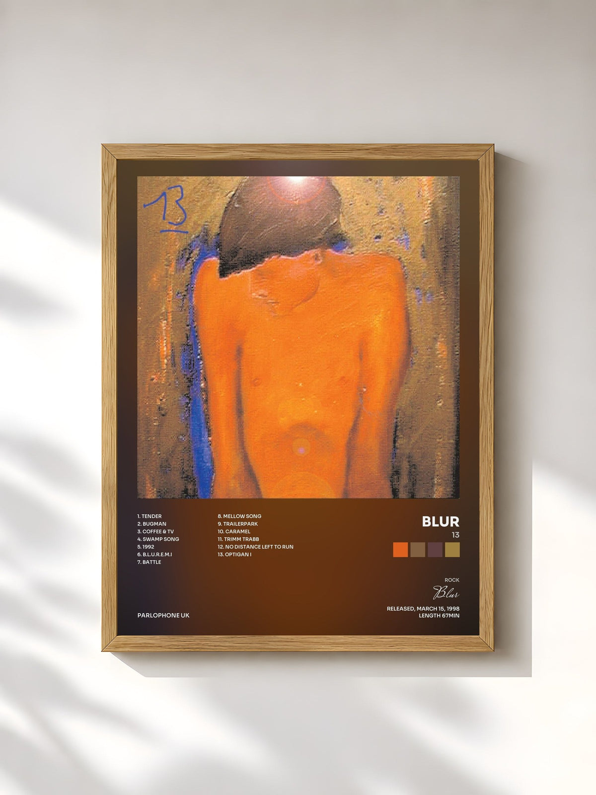 #bois Tableau de l'album 13 de Blur, cadre en bois brut, imprimé et encadré en France