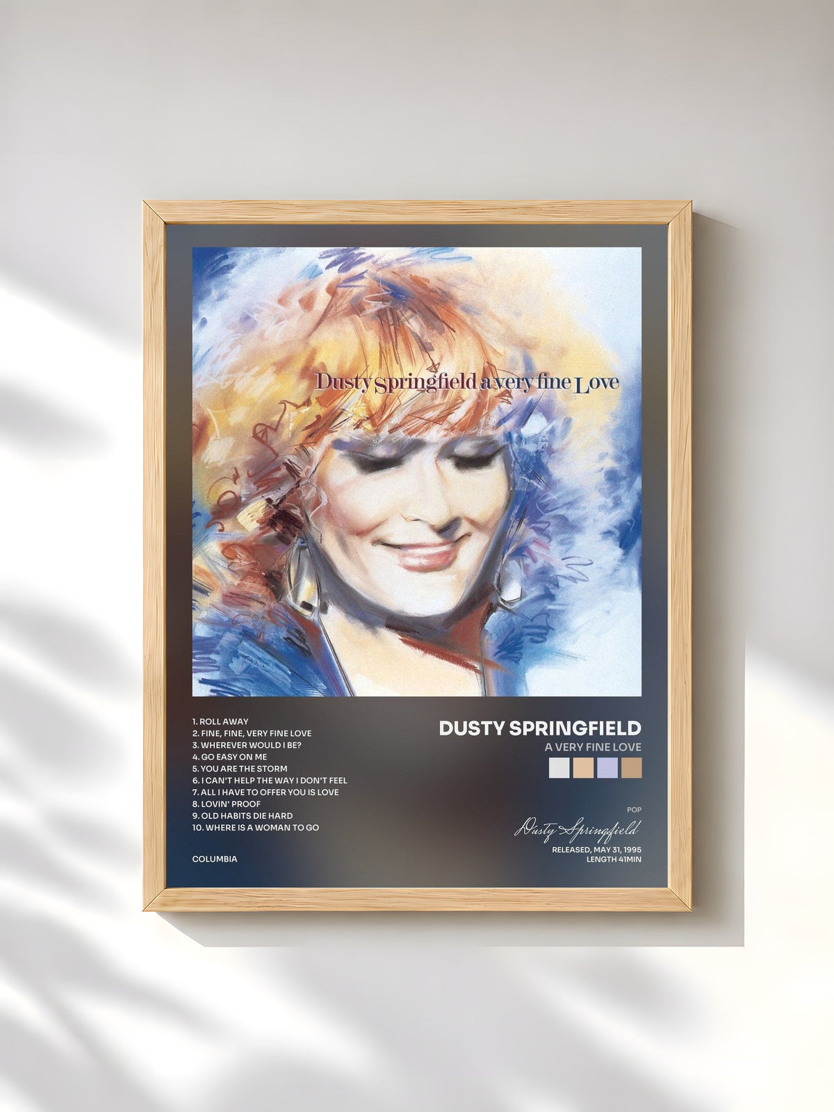 #bois Tableau de l'album A Very Fine Love de Dusty Springfield, cadre en bois brut, imprimé et encadré en France