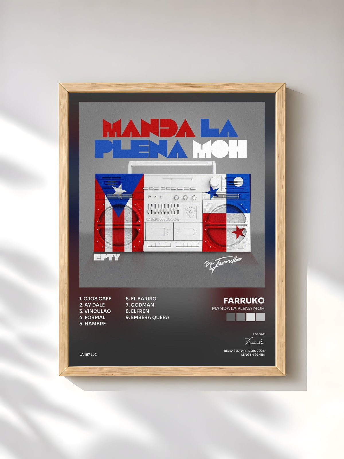 #bois Tableau de l'album Manda La Plena Moh de Farruko, cadre en bois brut, imprimé et encadré en France