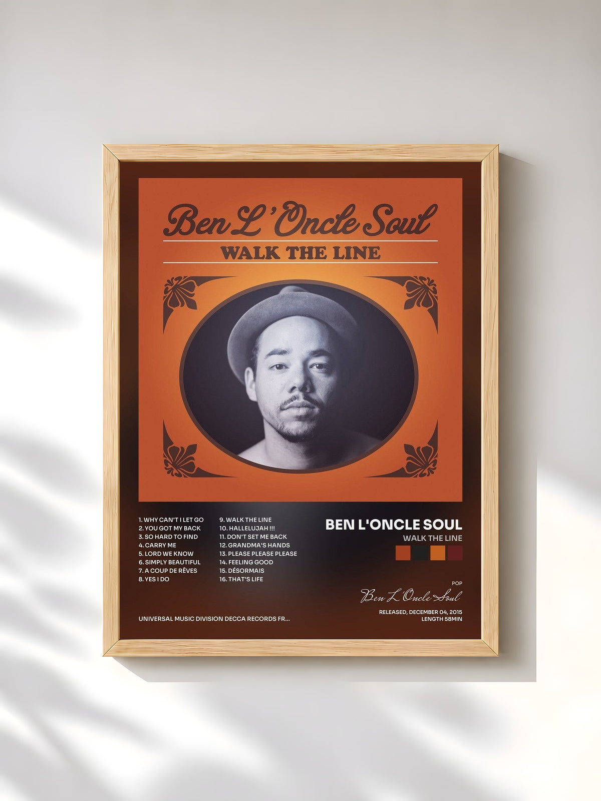 #bois Tableau de l'album Walk The Line de Ben L'Oncle Soul, cadre en bois brut, imprimé et encadré en France