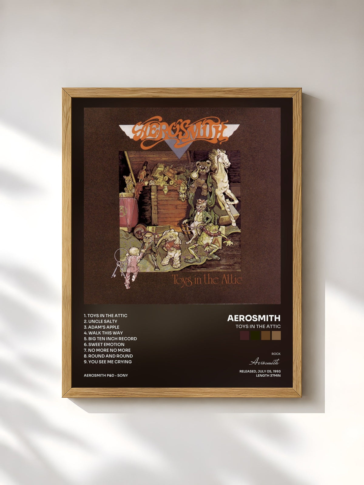 #bois Tableau de l'album Toys In The Attic de Aerosmith, cadre en bois brut, imprimé et encadré en France