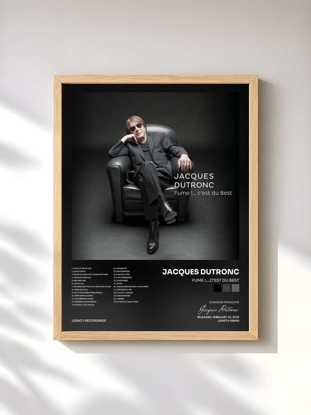 #bois Tableau de l'album Fume !....c'est du Best de Jacques Dutronc, cadre en bois brut, imprimé et encadré en France