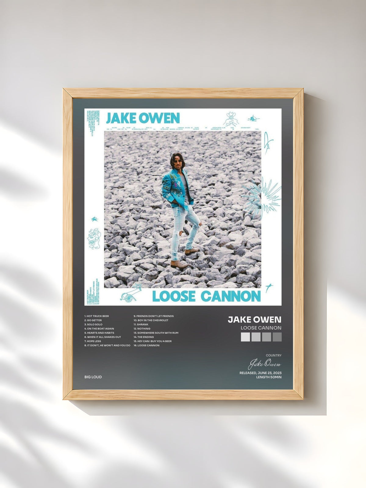 #bois Tableau de l'album Loose Cannon de Jake Owen, cadre en bois brut, imprimé et encadré en France