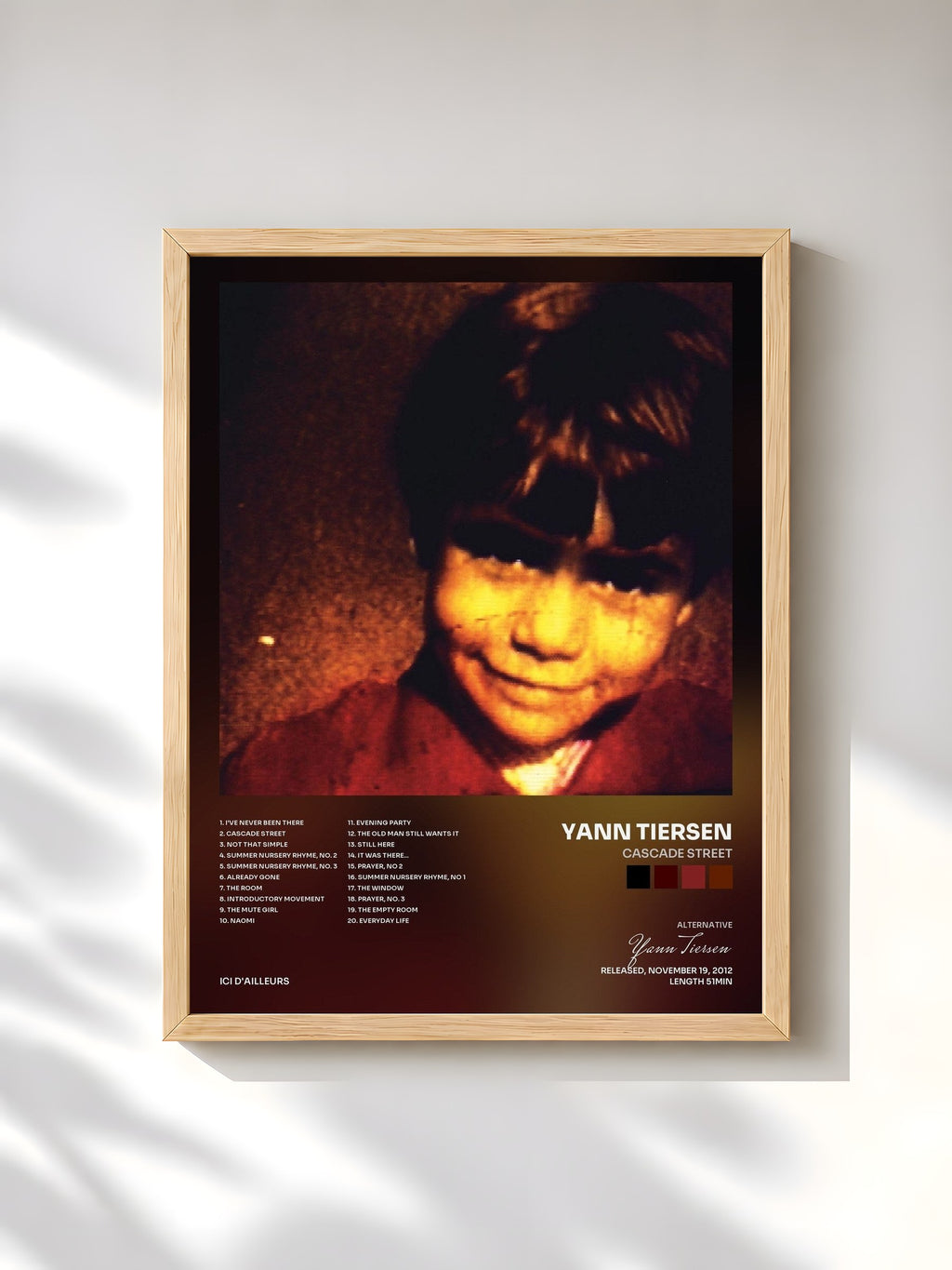 #bois Tableau de l'album Cascade Street de Yann Tiersen, cadre en bois brut, imprimé et encadré en France