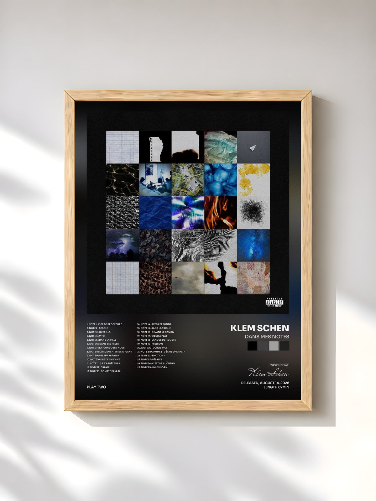 #bois Tableau de l'album DANS MES NOTES de Klem Schen, cadre en bois brut, imprimé et encadré en France