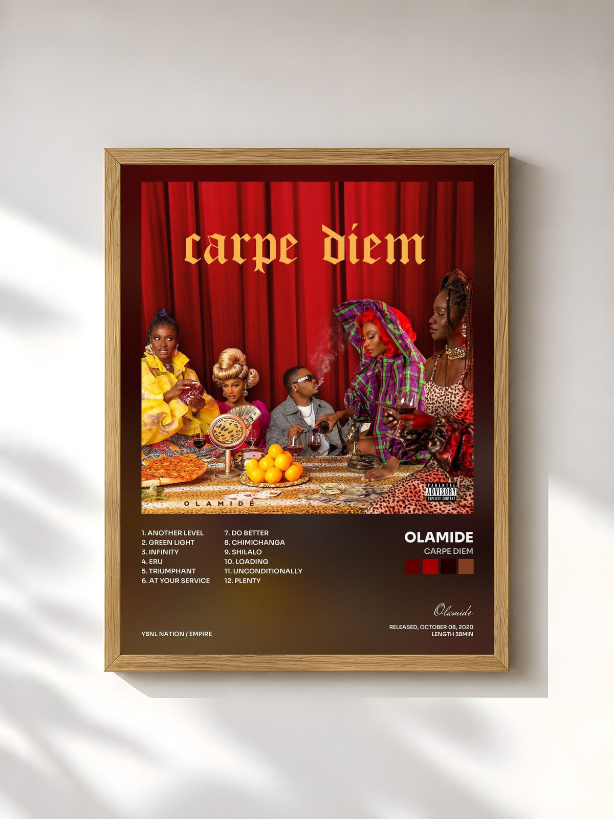 #bois Tableau de l'album Carpe Diem de Olamide, cadre en bois brut, imprimé et encadré en France