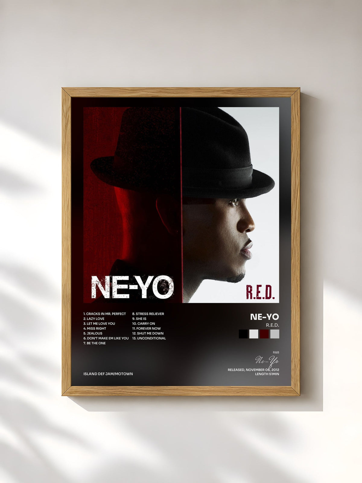 #bois Tableau de l'album R.E.D. de Ne-Yo, cadre en bois brut, imprimé et encadré en France
