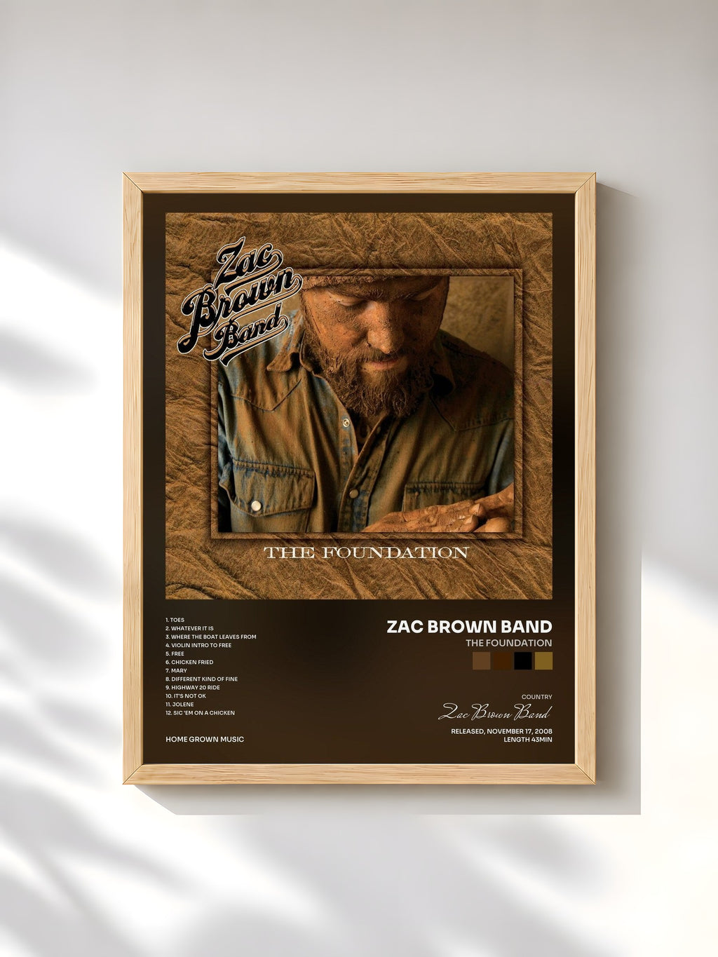 #bois Tableau de l'album The Foundation de Zac Brown Band, cadre en bois brut, imprimé et encadré en France