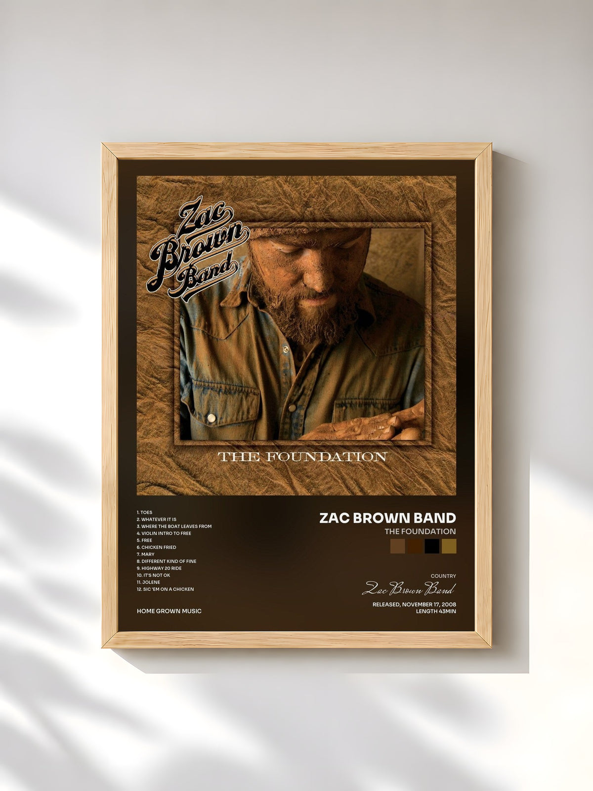 #bois Tableau de l'album The Foundation de Zac Brown Band, cadre en bois brut, imprimé et encadré en France