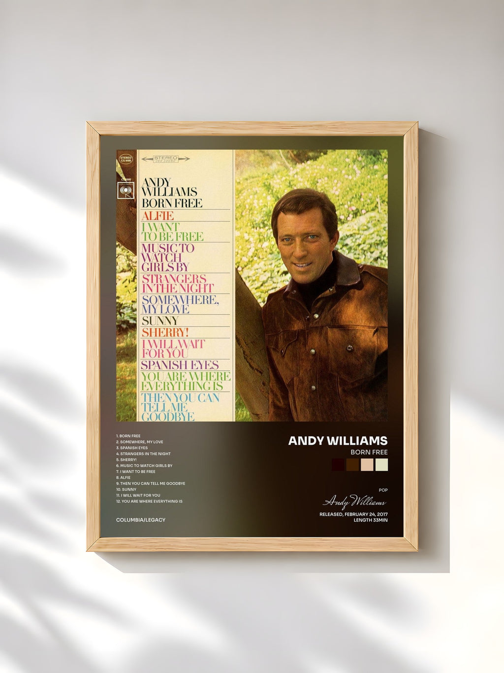 #bois Tableau de l'album Born Free de Andy Williams, cadre en bois brut, imprimé et encadré en France