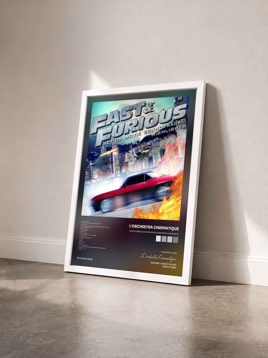 #blanc Tableau de l'album Fast & Furious: Action Movie Soundtrack Highlights de L'orchestra Cinematique vu de trois quarts, cadre blanc