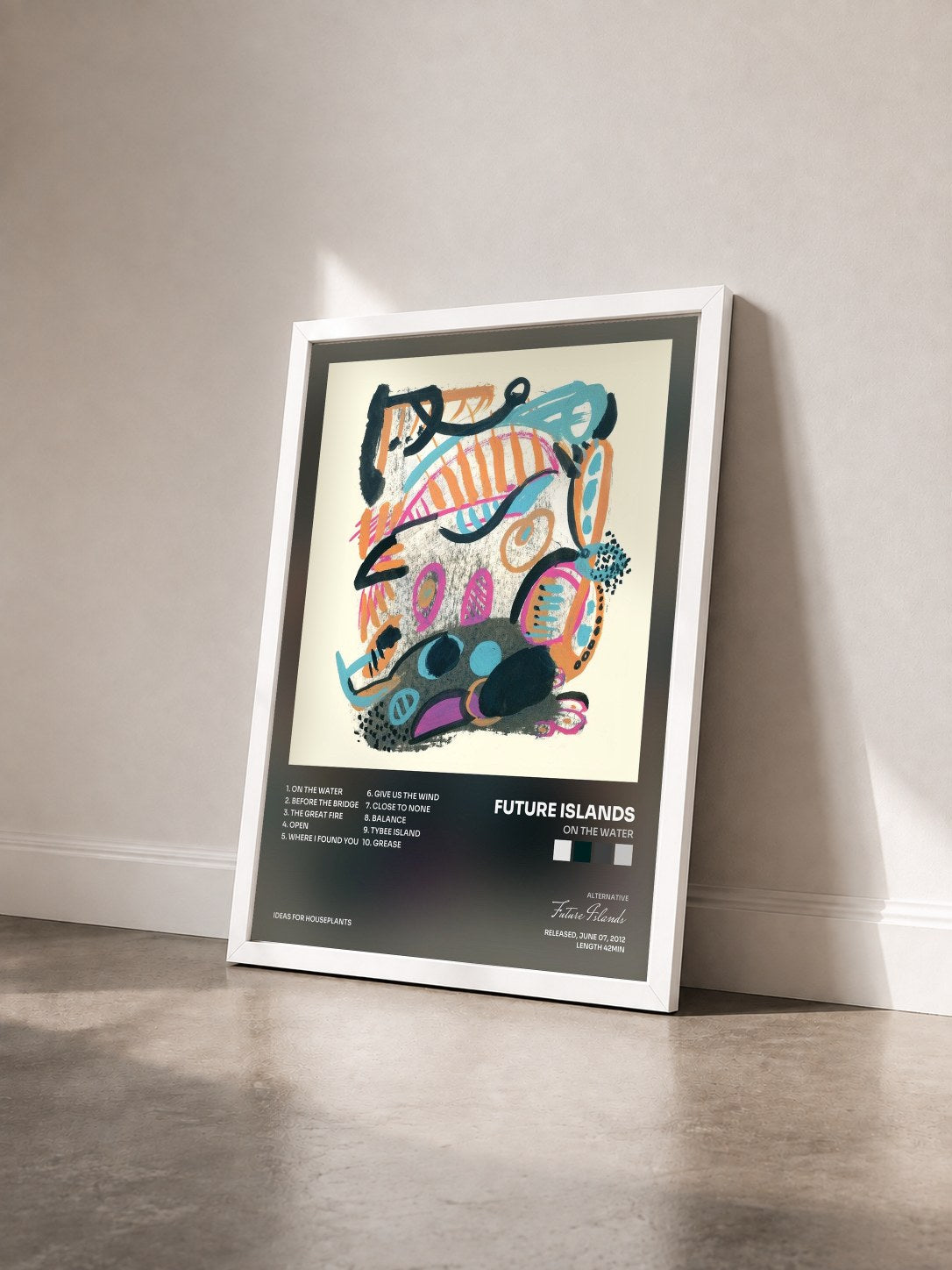 #blanc Tableau de l'album On the Water de Future Islands vu de trois quarts, cadre blanc