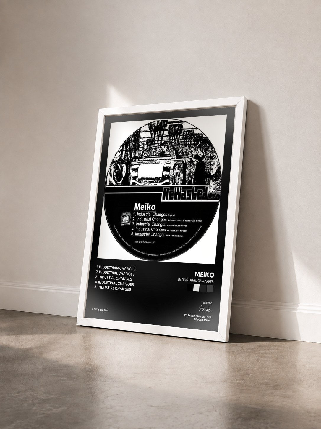 #blanc Tableau de l'album Industrial Changes de Meiko vu de trois quarts, cadre blanc