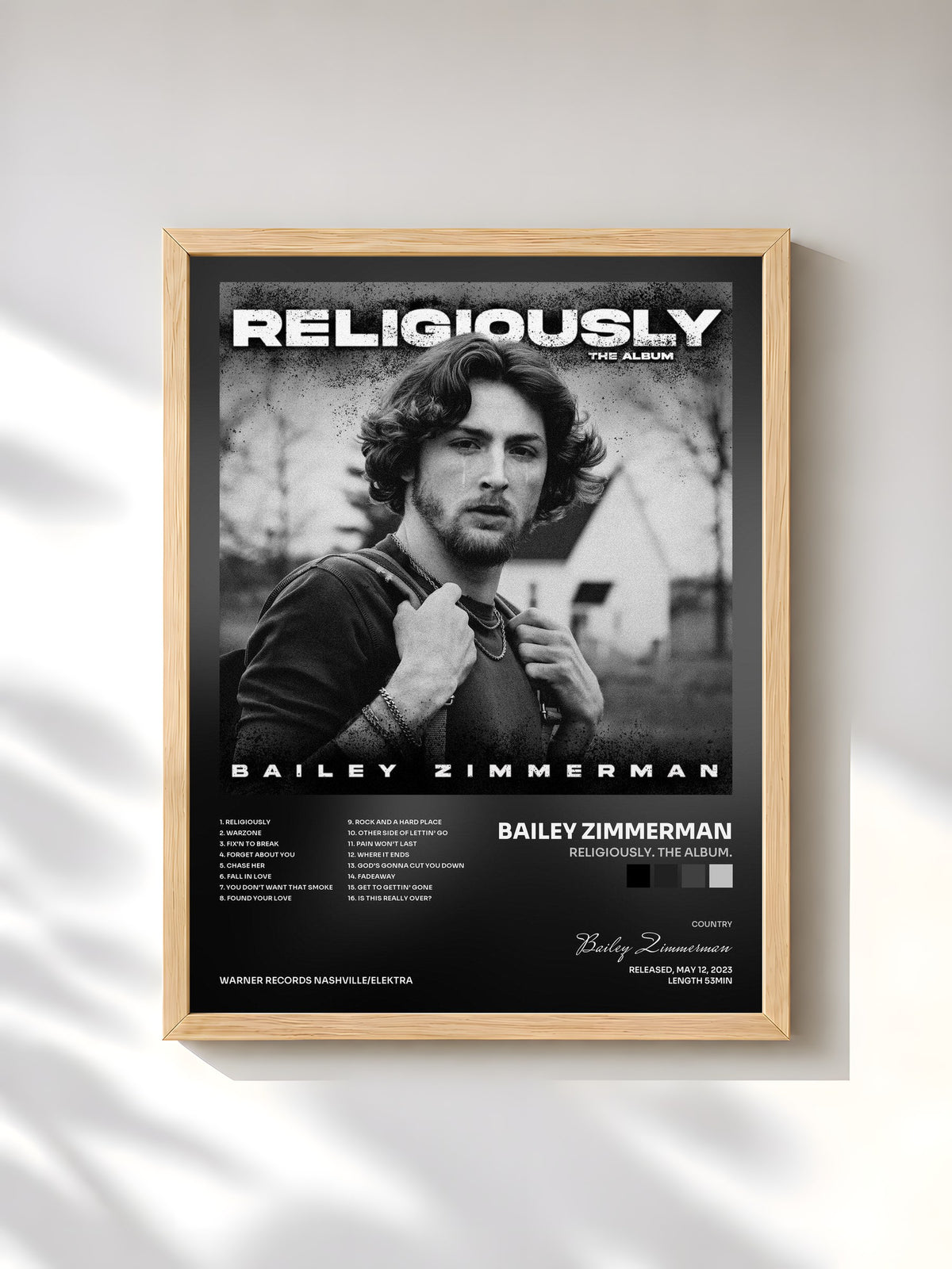 #bois Tableau de l'album Religiously. The Album. de Bailey Zimmerman, cadre en bois brut, imprimé et encadré en France
