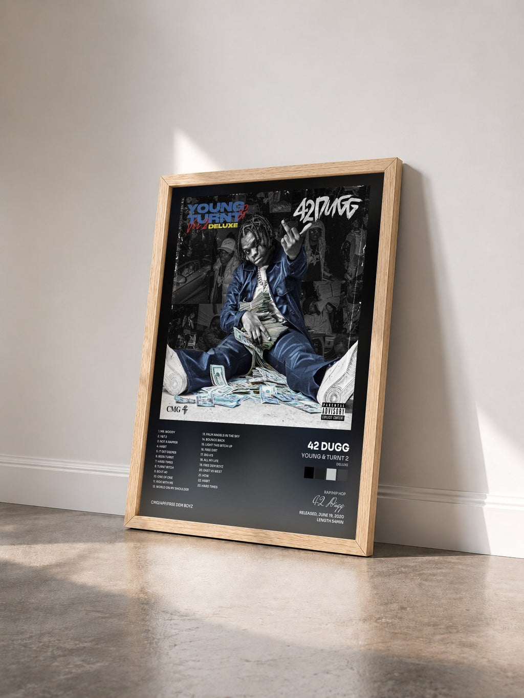 #bois Tableau de l'album Young & Turnt 2 (Deluxe) de 42 Dugg vu de trois quarts, cadre en bois brut