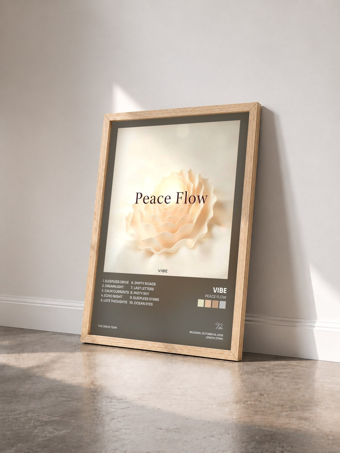 #bois Tableau de l'album Peace Flow de Vibe vu de trois quarts, cadre en bois brut