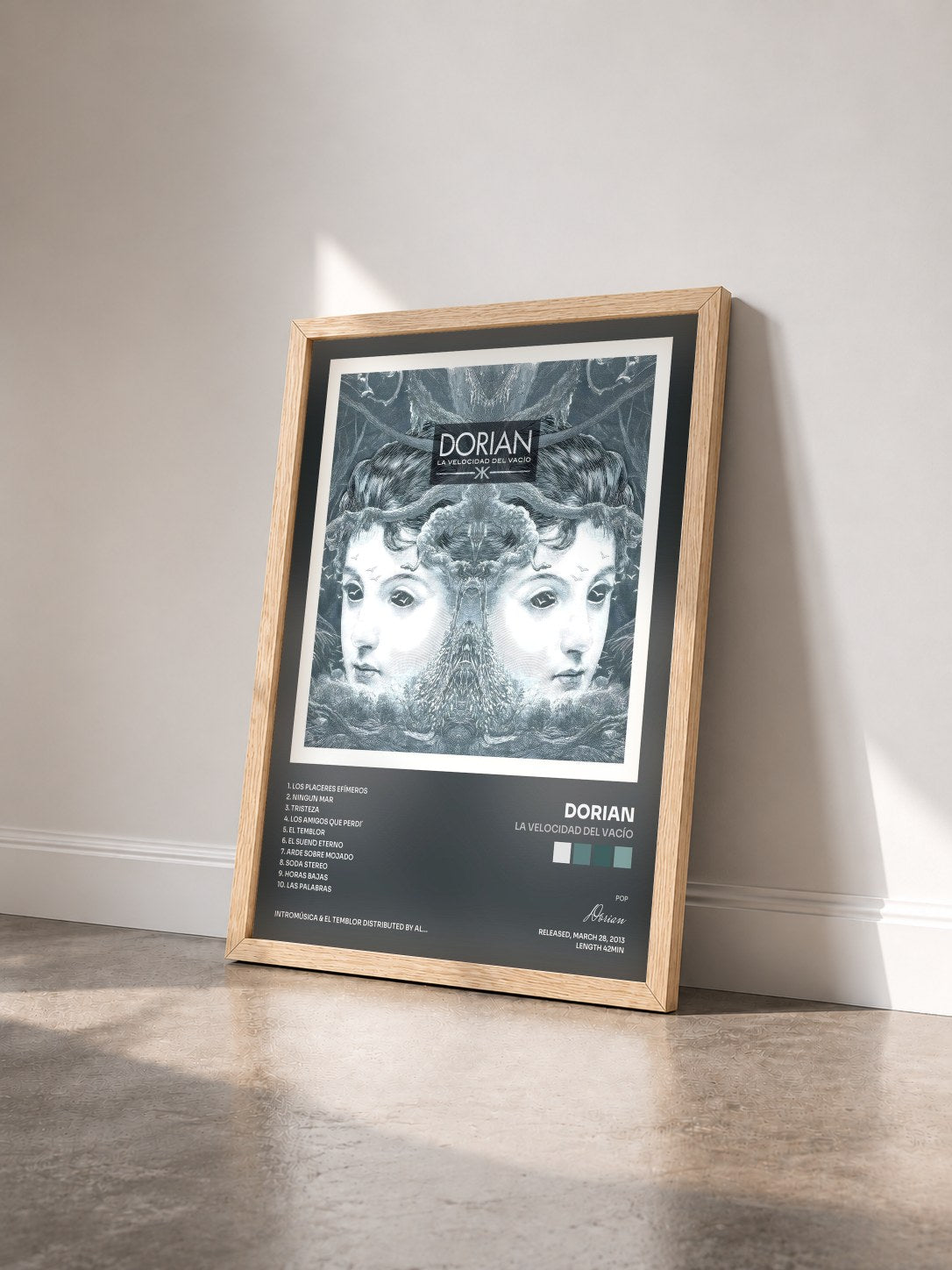 #bois Tableau de l'album La Velocidad Del Vacío de Dorian vu de trois quarts, cadre en bois brut