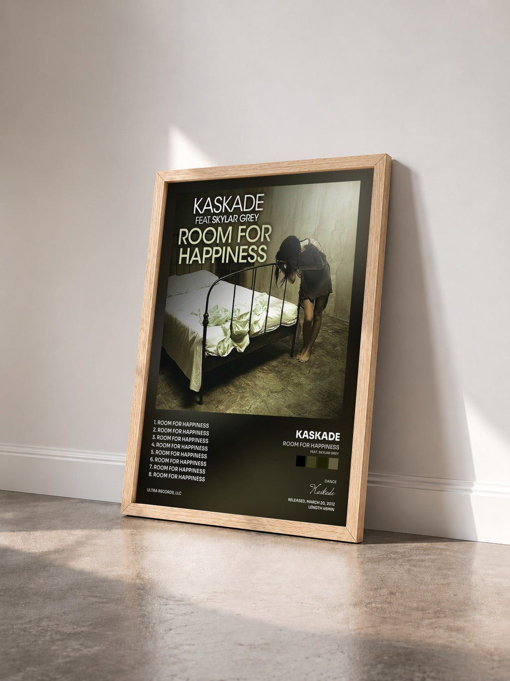 #bois Tableau de l'album Room for Happiness (feat. Skylar Grey) de Kaskade vu de trois quarts, cadre en bois brut