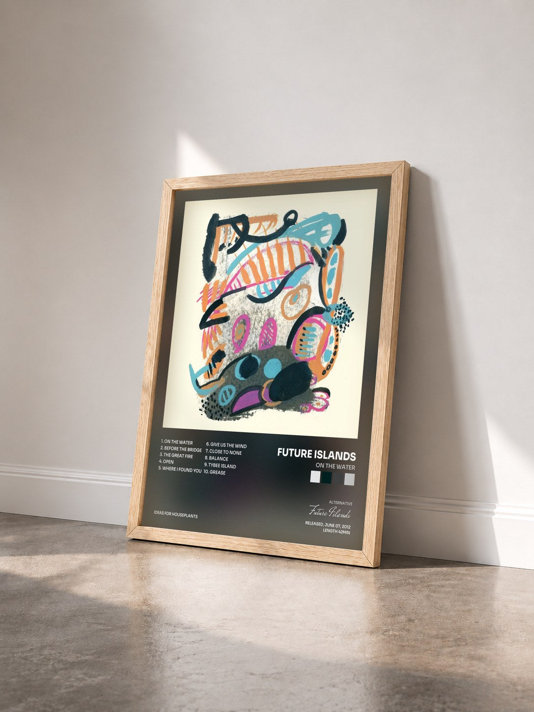 #bois Tableau de l'album On the Water de Future Islands vu de trois quarts, cadre en bois brut