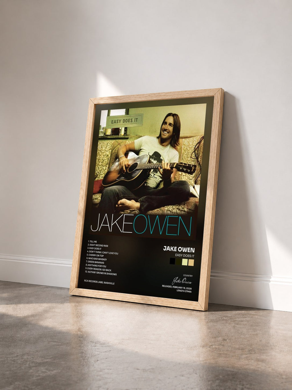 #bois Tableau de l'album Easy Does It de Jake Owen vu de trois quarts, cadre en bois brut
