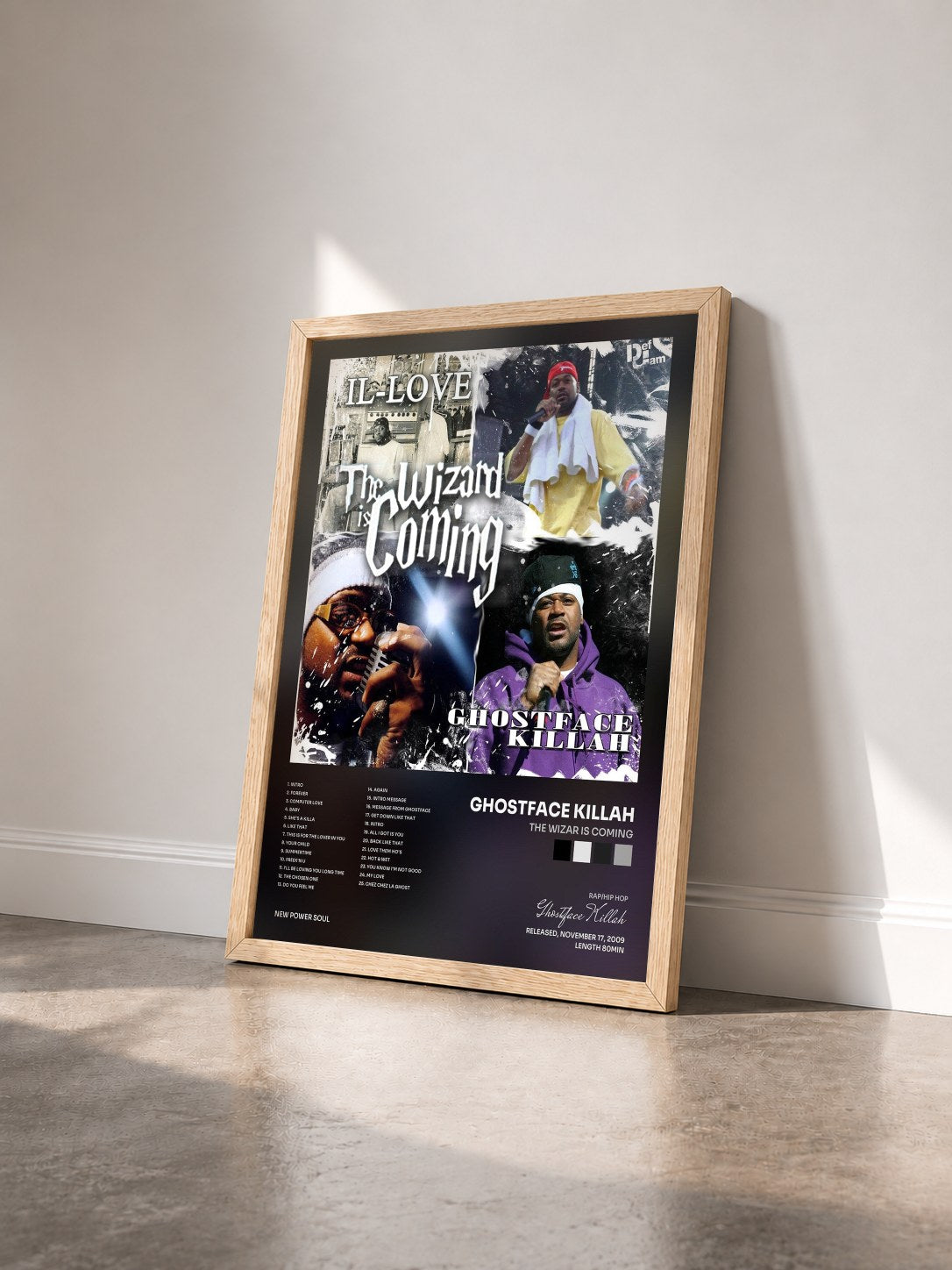 #bois Tableau de l'album The Wizar Is Coming de Ghostface Killah vu de trois quarts, cadre en bois brut