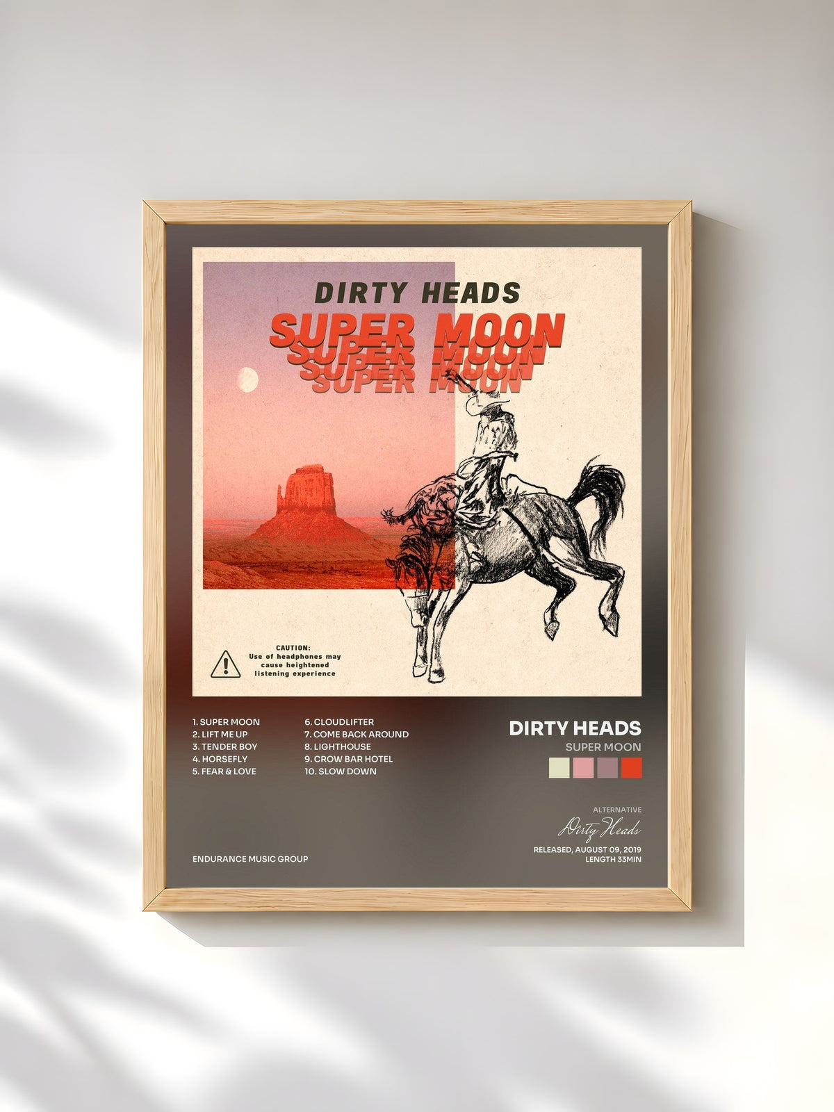 #bois Tableau de l'album Super Moon de Dirty Heads, cadre en bois brut, imprimé et encadré en France