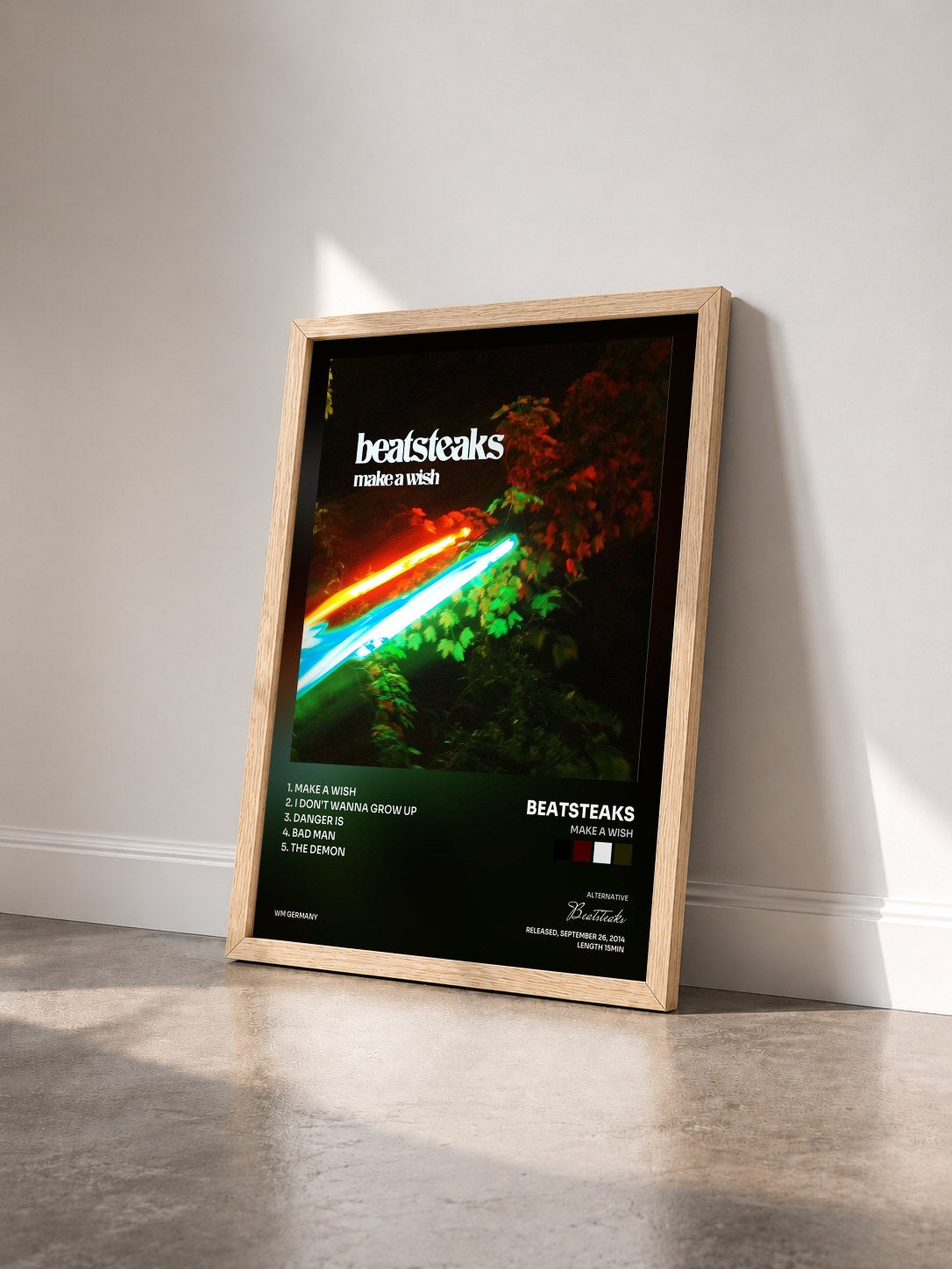 #bois Tableau de l'album Make a Wish de Beatsteaks vu de trois quarts, cadre en bois brut