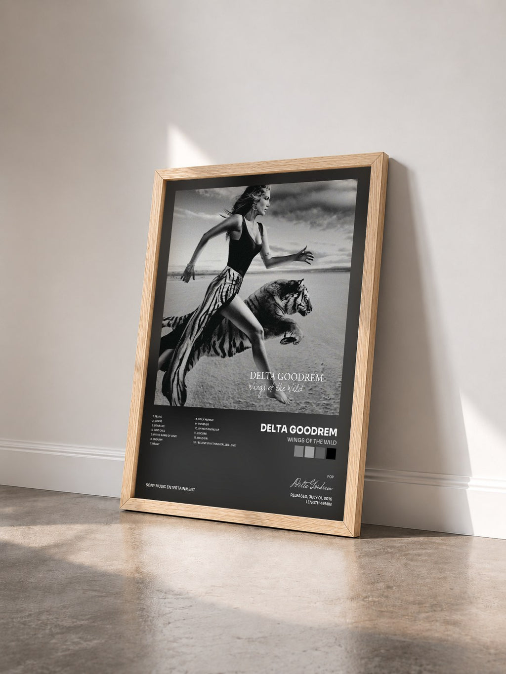 #bois Tableau de l'album Wings of the Wild de Delta Goodrem vu de trois quarts, cadre en bois brut