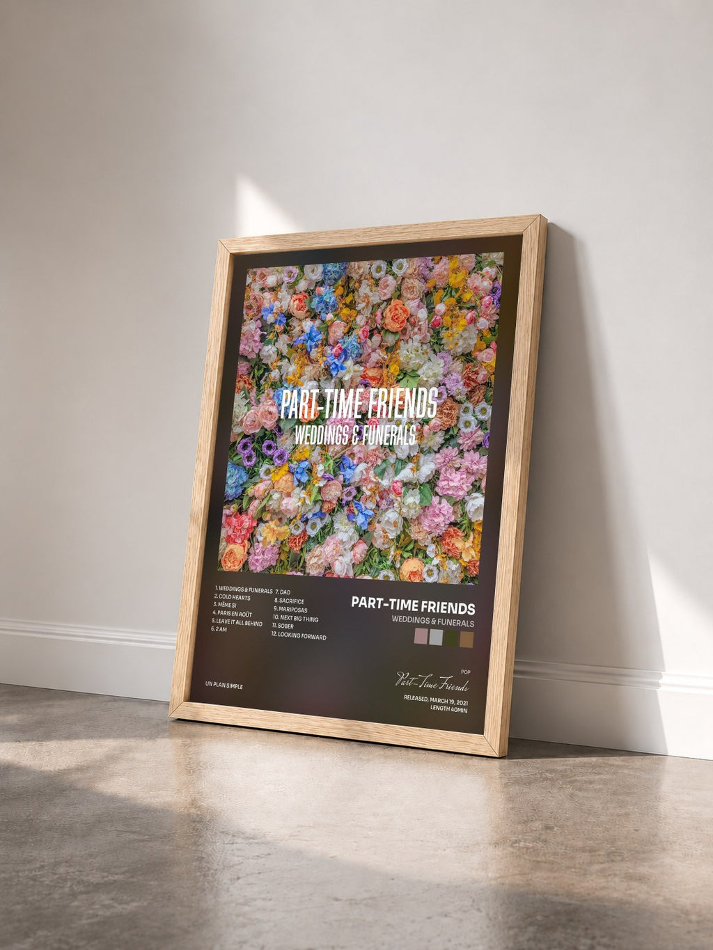 #bois Tableau de l'album Weddings & Funerals de Part-Time Friends vu de trois quarts, cadre en bois brut